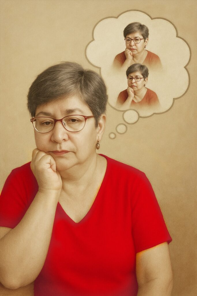 אישה מהורהרת (דורית לוז, לזוז) ומעליה בועת חשיבה שבה רואים שתי דמויות שלה עצמה כשהן חושבות