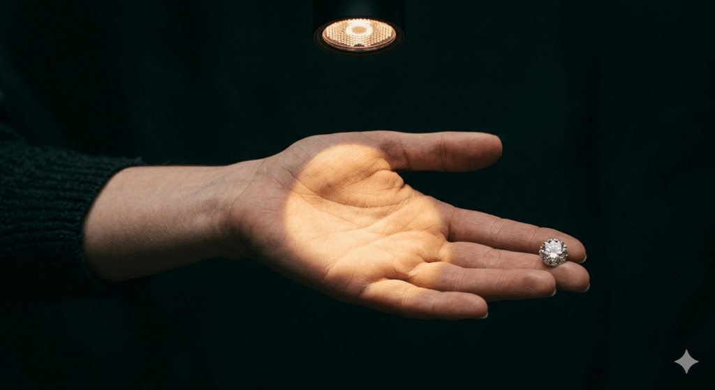 כף יד מוארת רק בחלקה, ולכן קשה לראות יהלום שנמצא מחוץ למעגל האור. איך להגדיל את המזל שלך ?