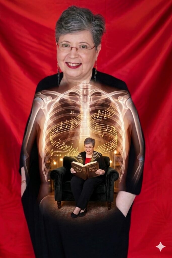 דמות קטנה שנמצאת בתוך דמות של אותה אישה, והקטנה שבפנים מספרת לאישה סיפור