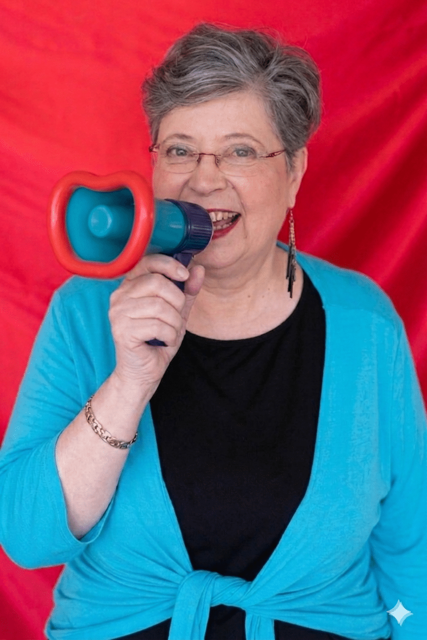 דורית לוז, מאמנת עסקית, מחזיקה מגפון, כדימוי של כלי למוטיבציה