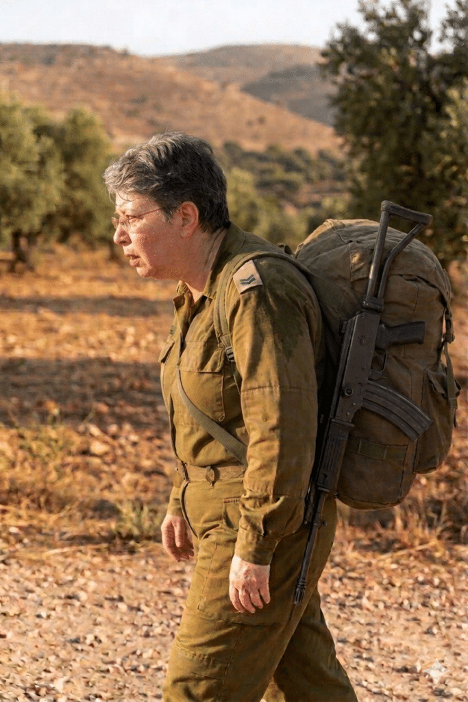 דורית לוז, מאמנת עסקית, הולכת כקצינה כשעל גבה גם נשק וגם תרמיל כבד