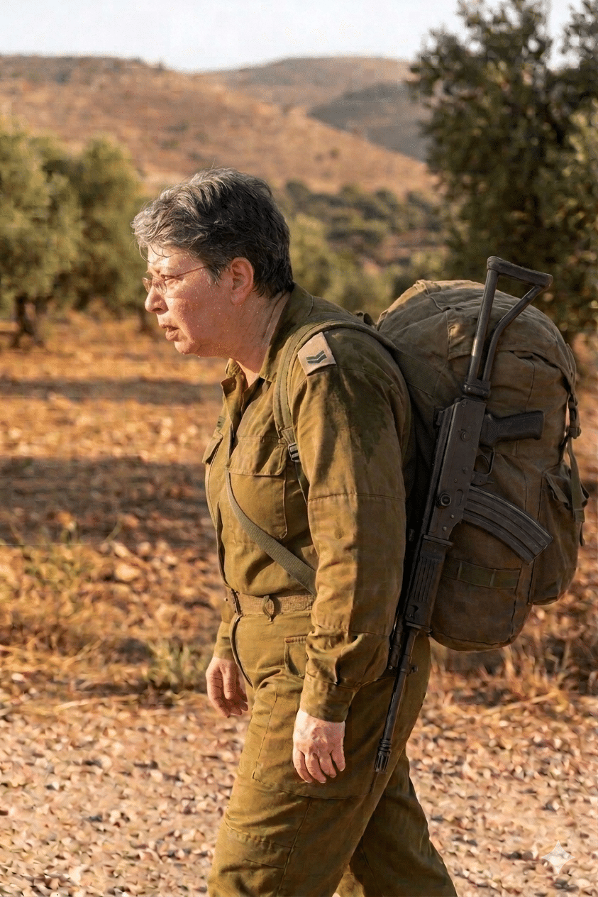 דורית לוז, מאמנת עסקית, הולכת כקצינה כשעל גבה גם נשק וגם תרמיל כבד