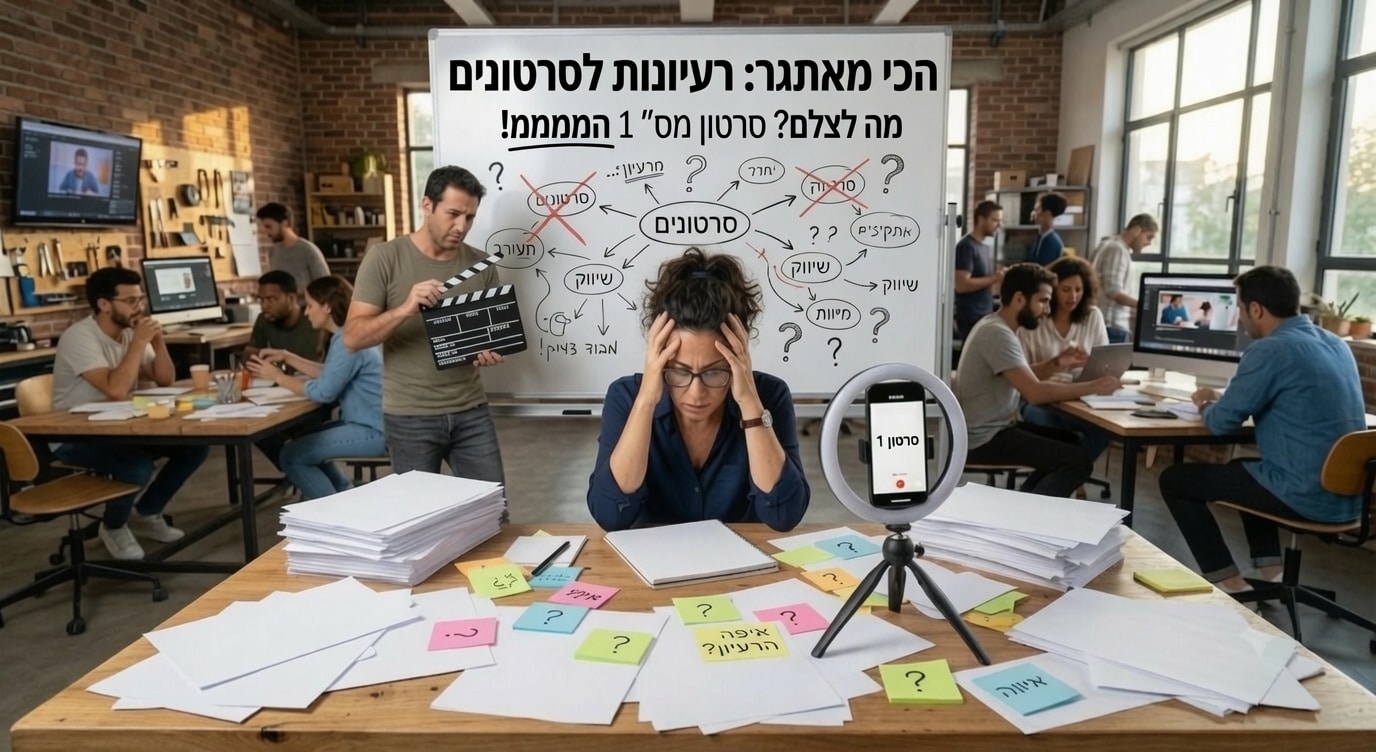 הדבר שהכי מאתגר עצמאים ביצירת סרטונים הוא רעיונות לסרטונים. רואים אישה מתוסכלת מול ערימות נייר ריק, ומאחוריה גבר מתכונן לצעוק "CUT"